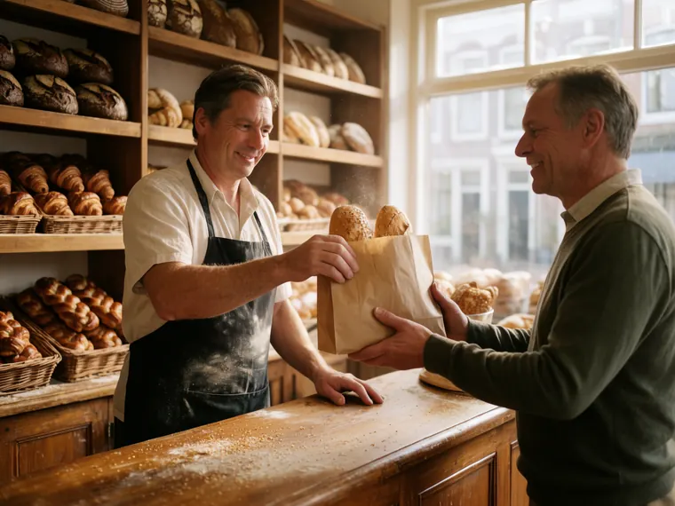 Bakker geeft een zak vers brood aan een vaste klant