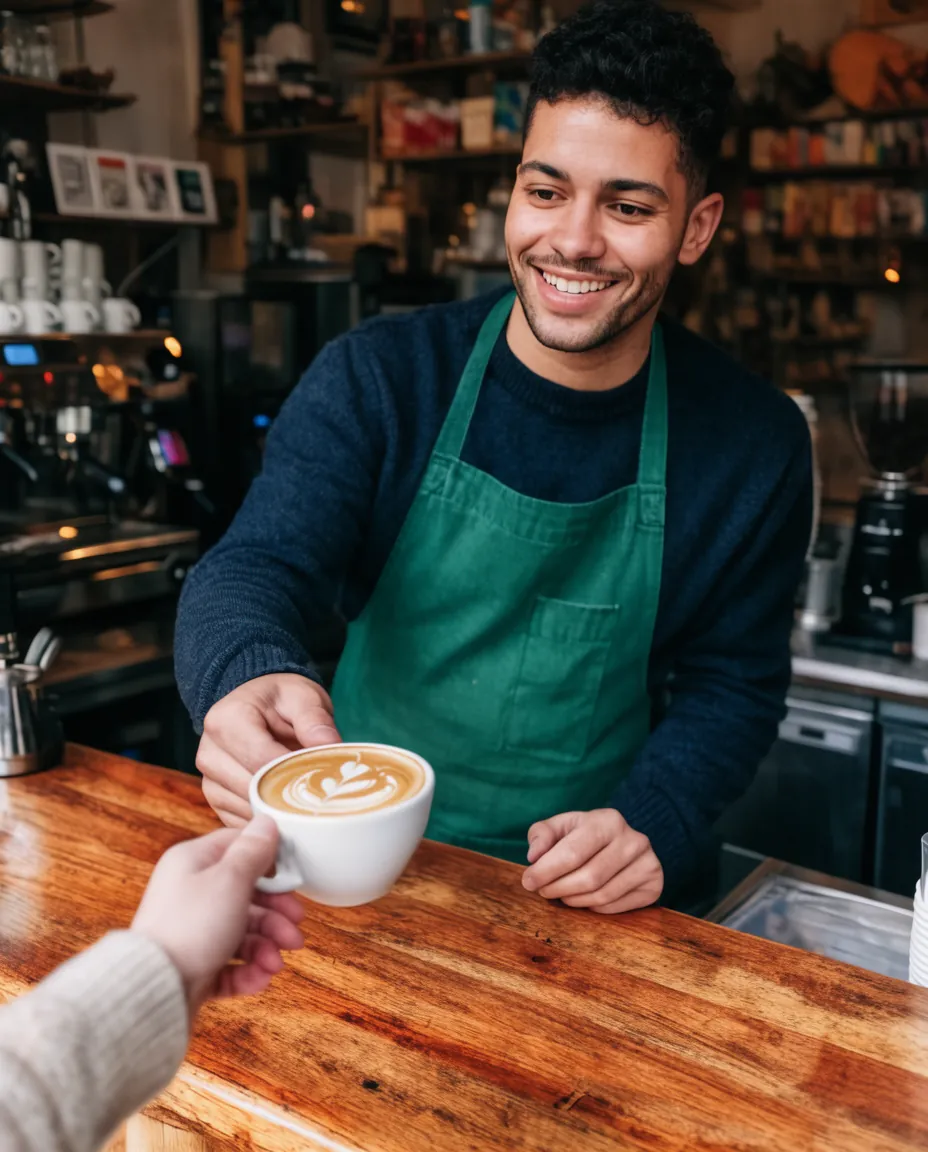 Barista geeft een cappuccino aan een klant in een buurtcafé