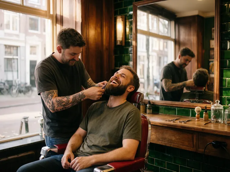 Barbier knipt de baard van een lachende klant