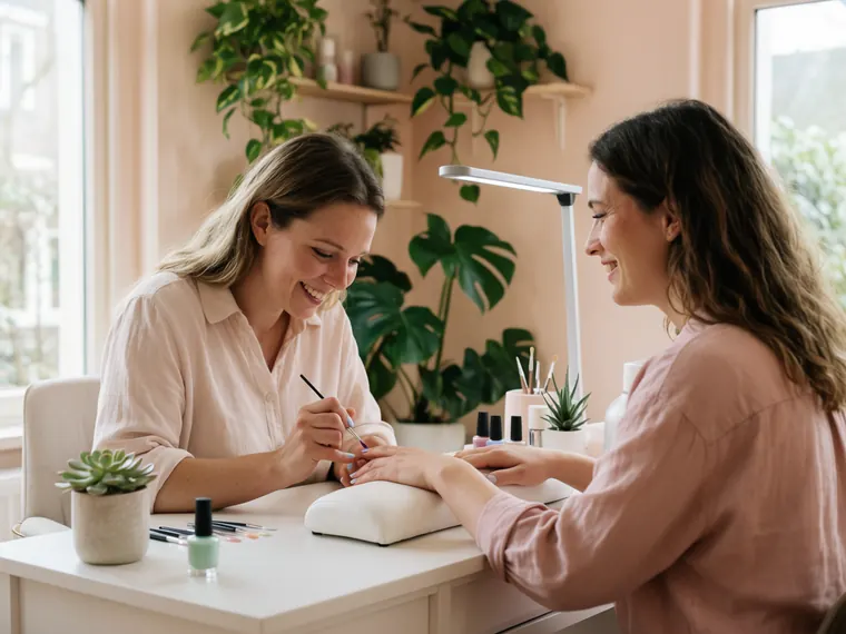 Nagelstyliste lakt de nagels van een klant in een lichte studio
