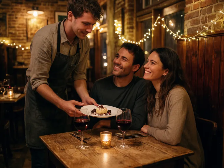 Ober serveert een dessert aan twee gasten in een bistro