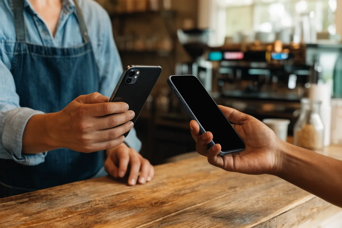 Ondernemer scant met haar telefoon de spaarkaart op de telefoon van een klant