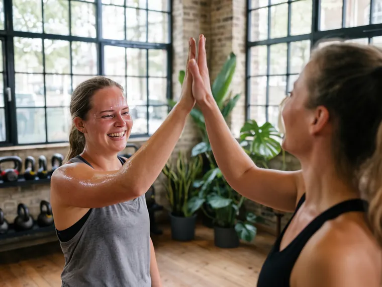 Trainer geeft een lid een high five na de training