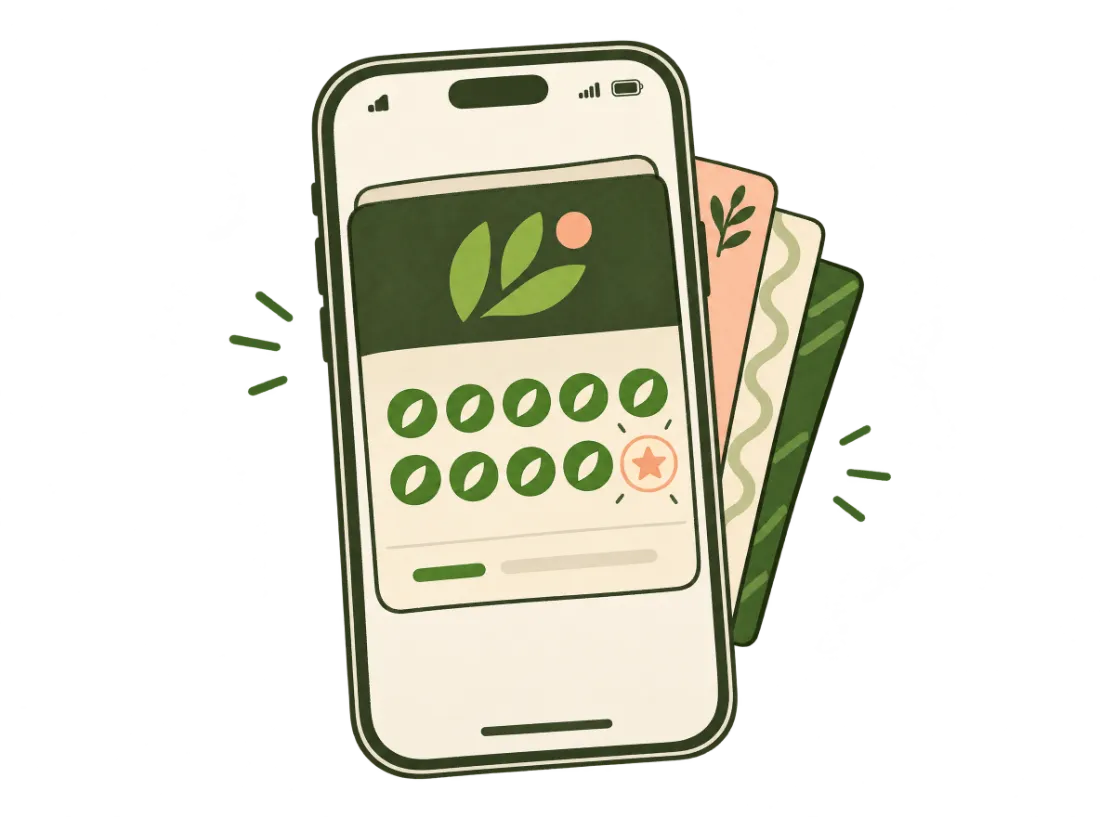 Handgetekende iPhone met een digitale spaarkaart in de Apple Wallet, met stempels en een beloning