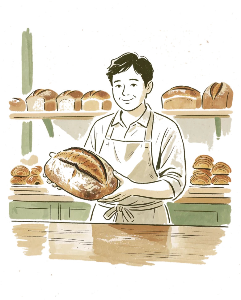 Handgetekende illustratie van een lokale bakker-ondernemer