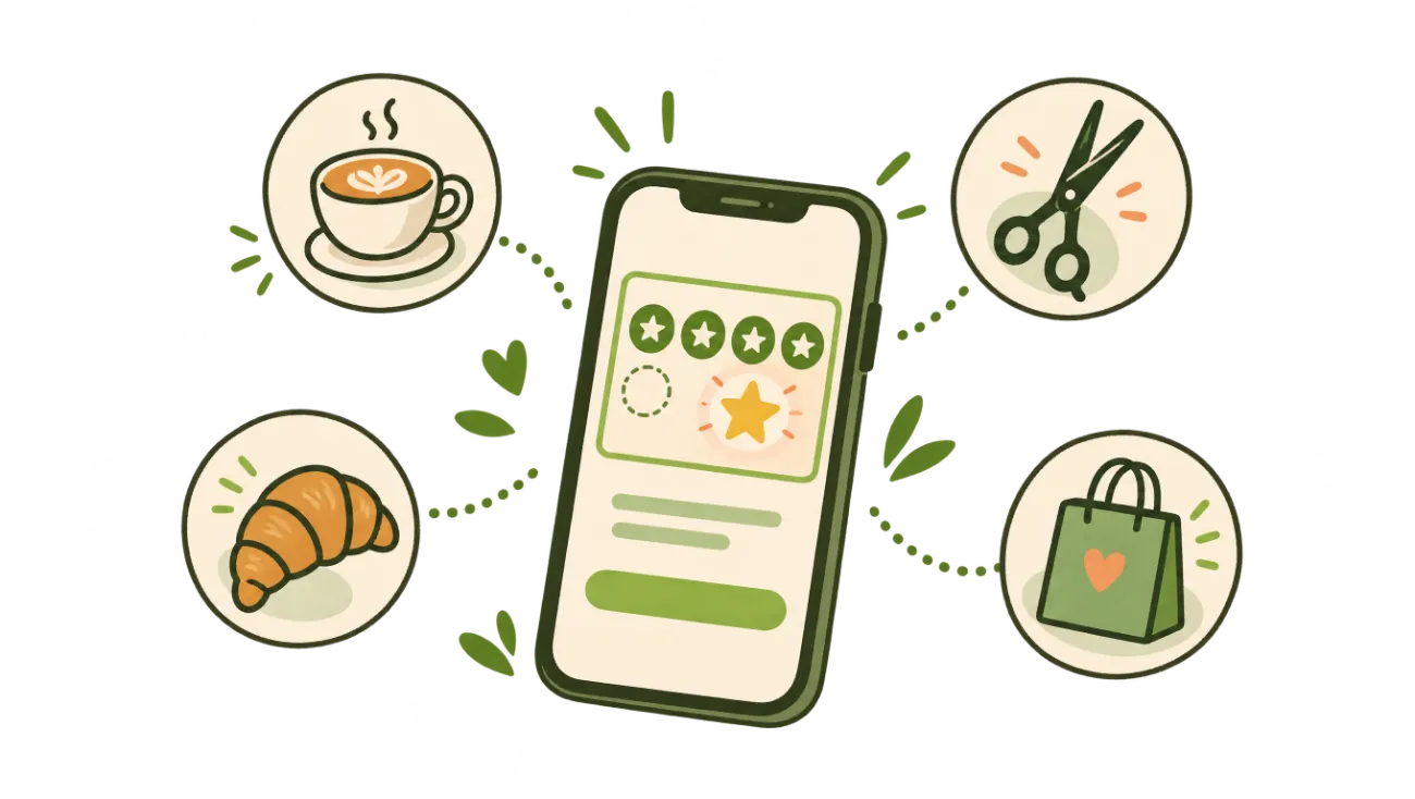 Handgetekende telefoon met een digitale spaarkaart, omringd door iconen van lokale zaken zoals een koffiekopje, schaar en croissant