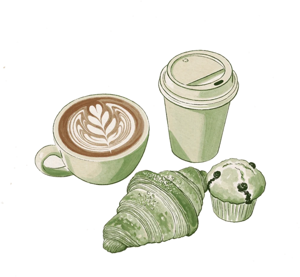 Handgetekende koffiebeloningen: cappuccino, croissant, koffie to-go en muffin