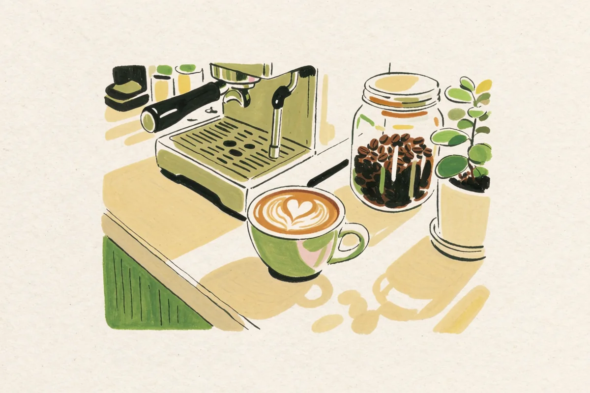Handgetekende illustratie van een koffiebar met espressomachine, cappuccino en koffiebonen