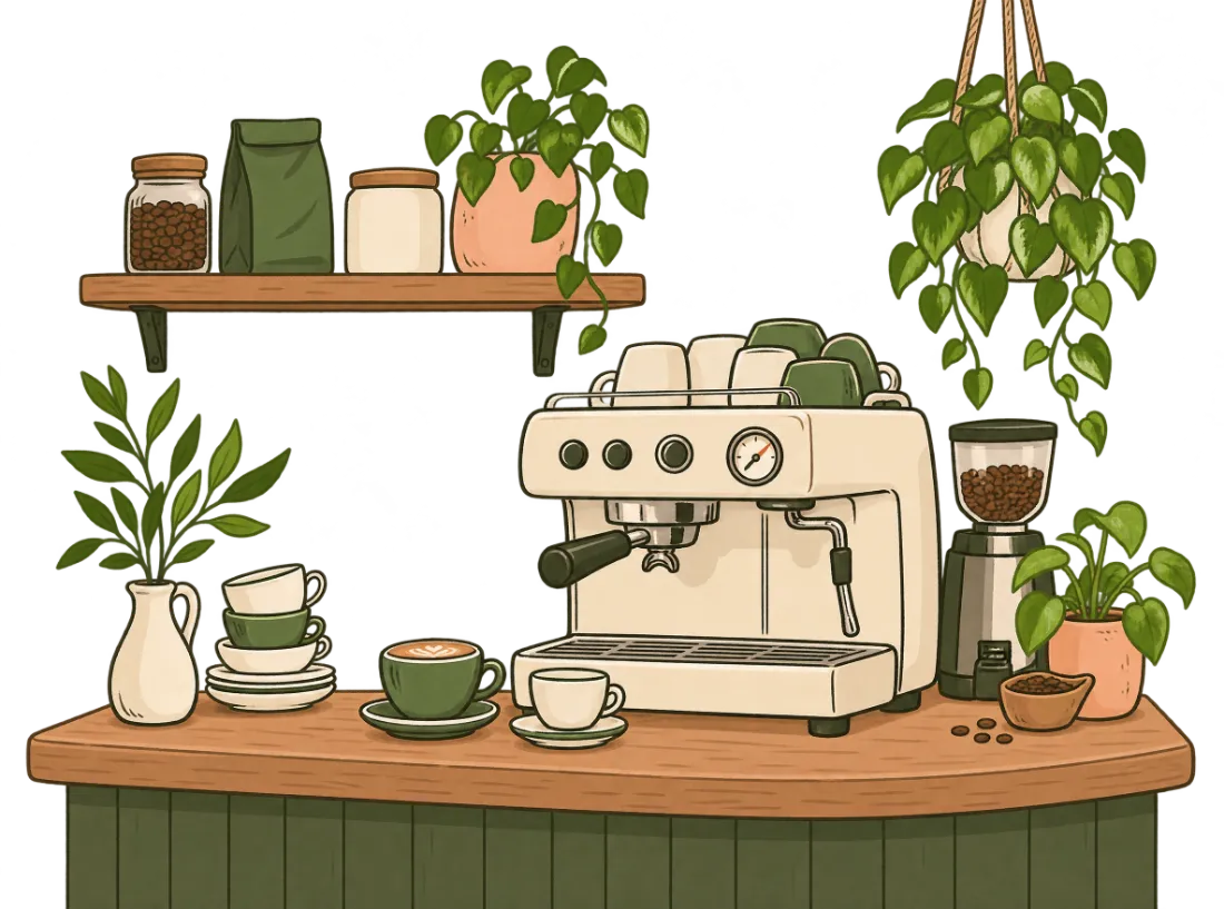 Handgetekende illustratie van een koffiebar in de sfeer van Stampzer