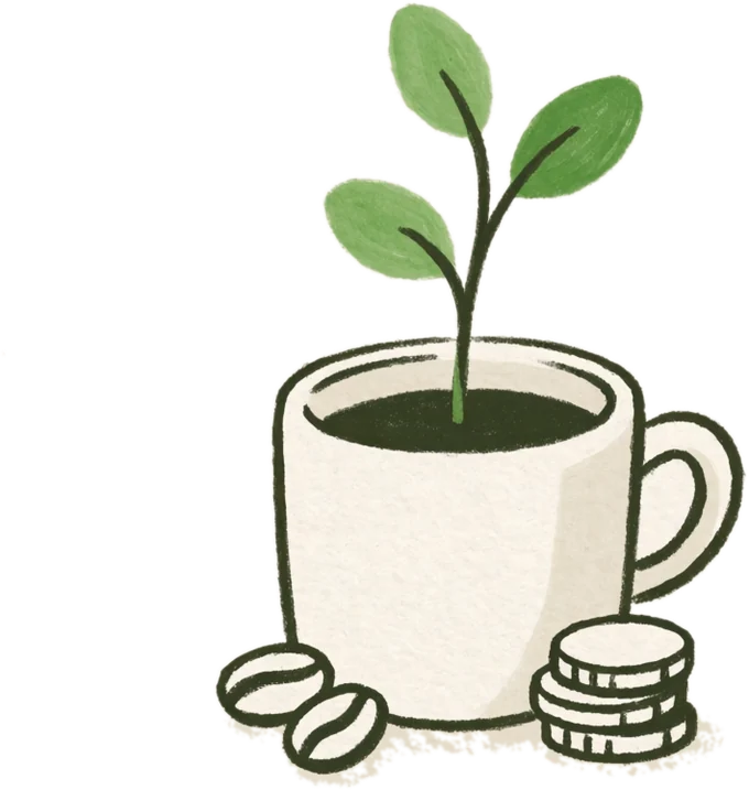 Handgetekende illustratie: een plantje groeit uit een koffiekopje met muntjes — je zaak groeit met terugkerende klanten