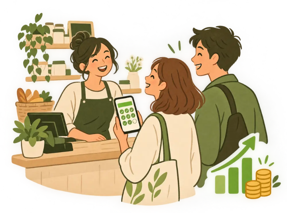 Handgetekende illustratie van een winkel met terugkerende klanten en een stijgende grafiek