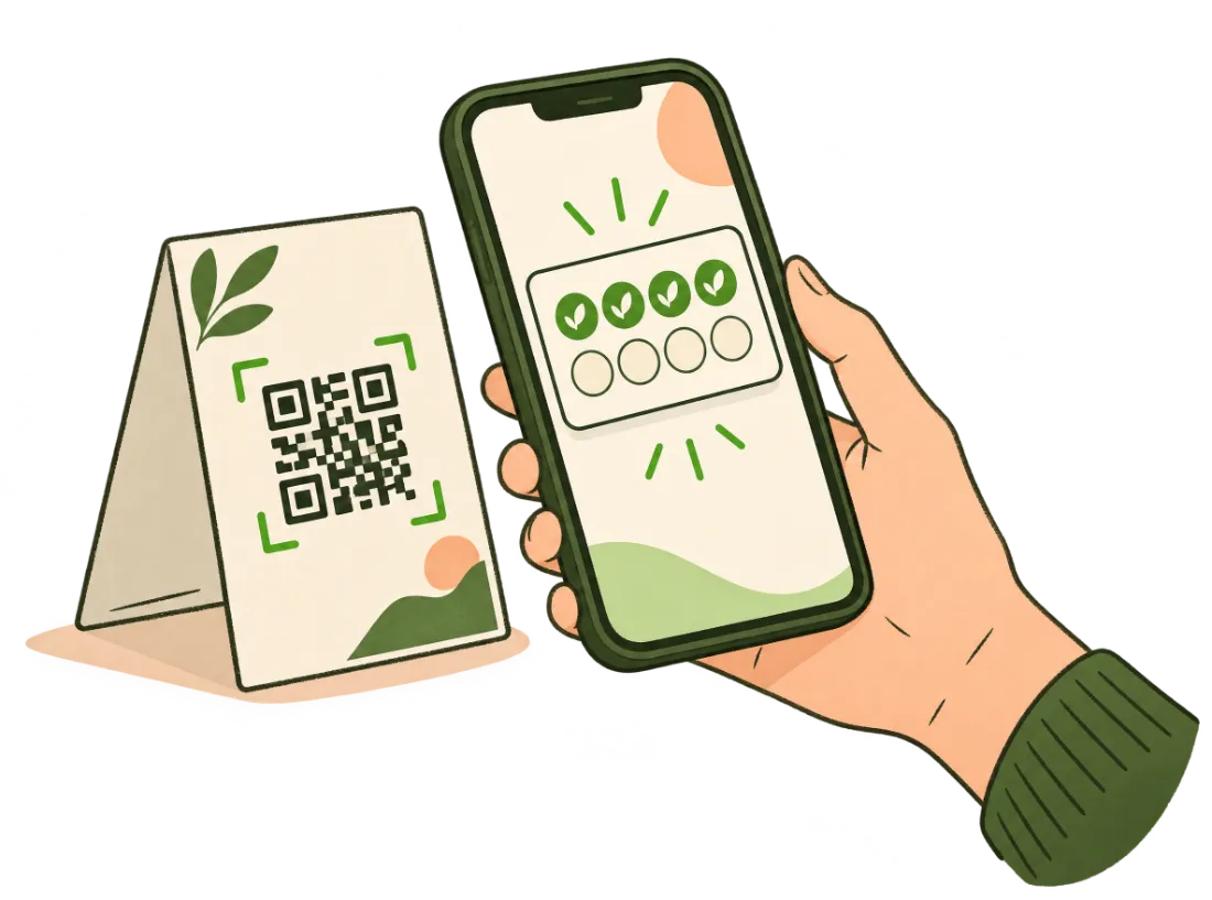 Handgetekende hand die met een telefoon een QR-code scant; de spaarkaart verschijnt op het scherm